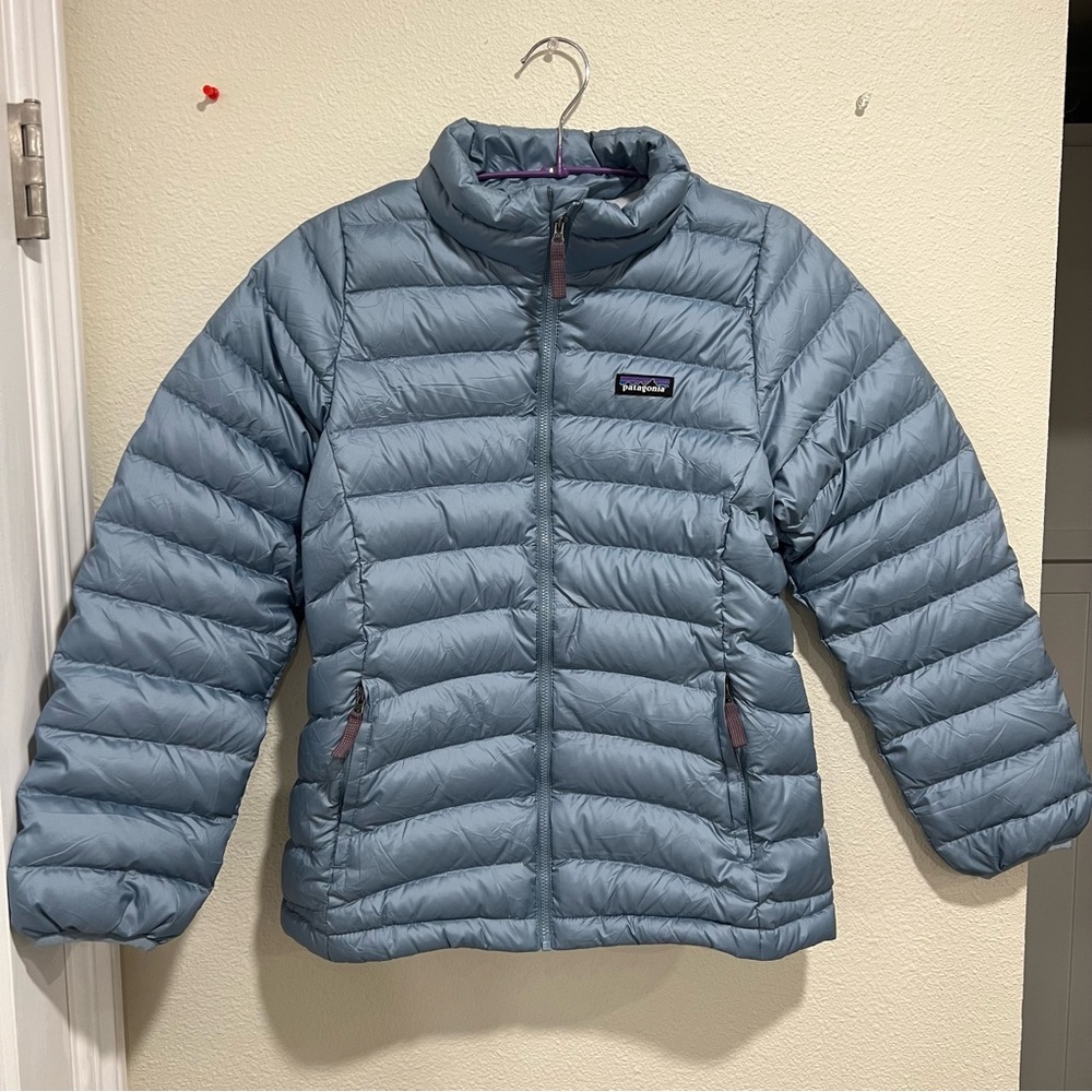 Patagonia Puffer Jacket Girls Gray Blue Full Zip Size XL/14 casual cozy warmth